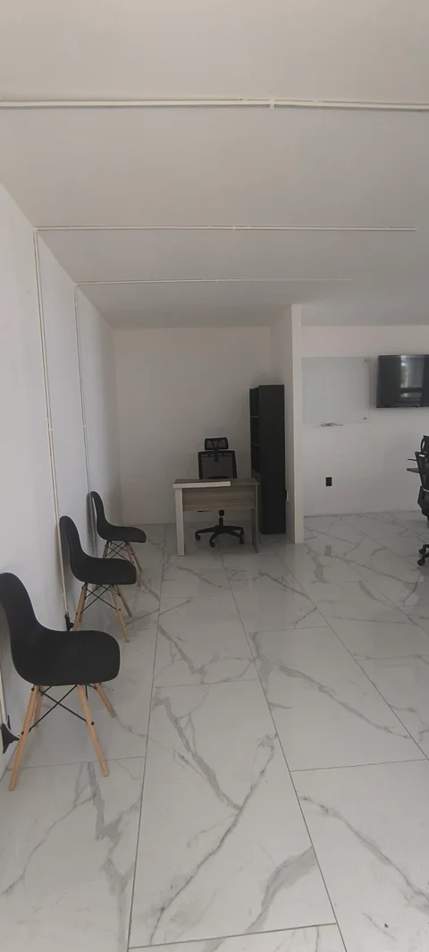 Recepción con escritorio y sillas, vista desde la entrada