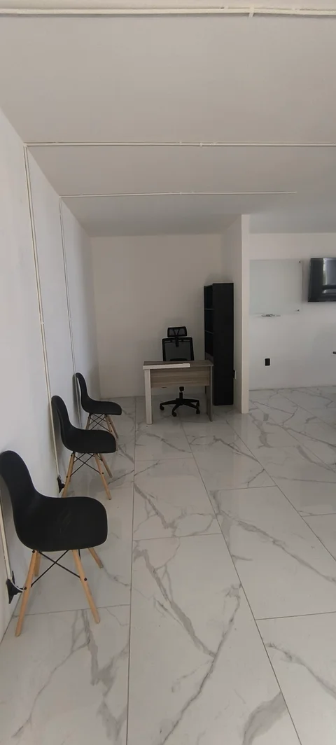 Recepción con escritorio y sillas de espera